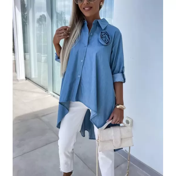 imagechouyatou Womens Long Sleeve Button Down Denim Shirts High Low Button Up Jean Blouse Tunic TopsLight Blue