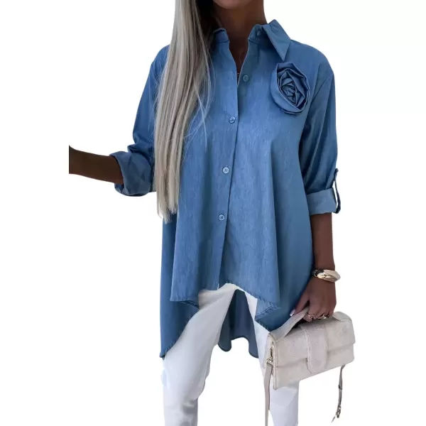 imagechouyatou Womens Long Sleeve Button Down Denim Shirts High Low Button Up Jean Blouse Tunic TopsLight Blue
