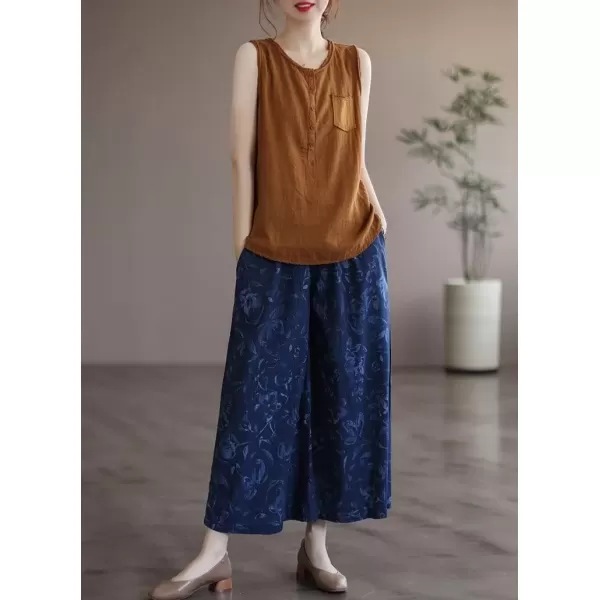 imagechouyatou Womens Retro Boho Floral High Waist Wide Leg Cotton Linen Capri Palazzo PantsBlue