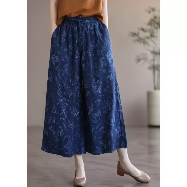 imagechouyatou Womens Retro Boho Floral High Waist Wide Leg Cotton Linen Capri Palazzo PantsBlue
