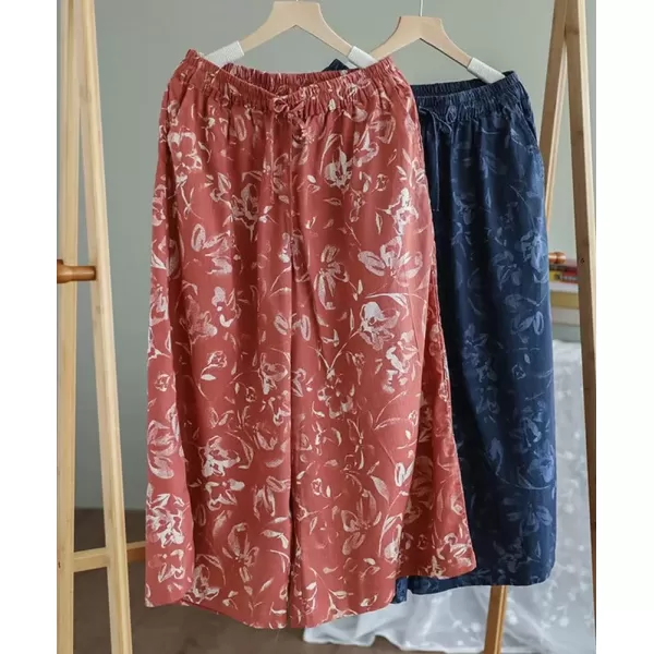 imagechouyatou Womens Retro Boho Floral High Waist Wide Leg Cotton Linen Capri Palazzo PantsBlue
