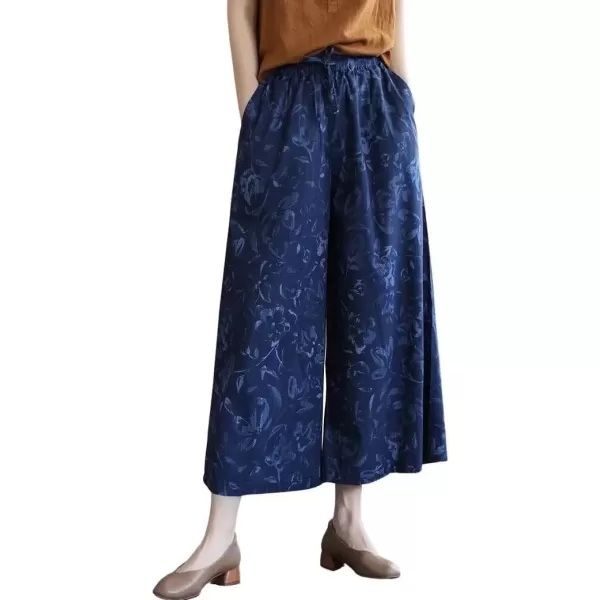 imagechouyatou Womens Retro Boho Floral High Waist Wide Leg Cotton Linen Capri Palazzo PantsBlue