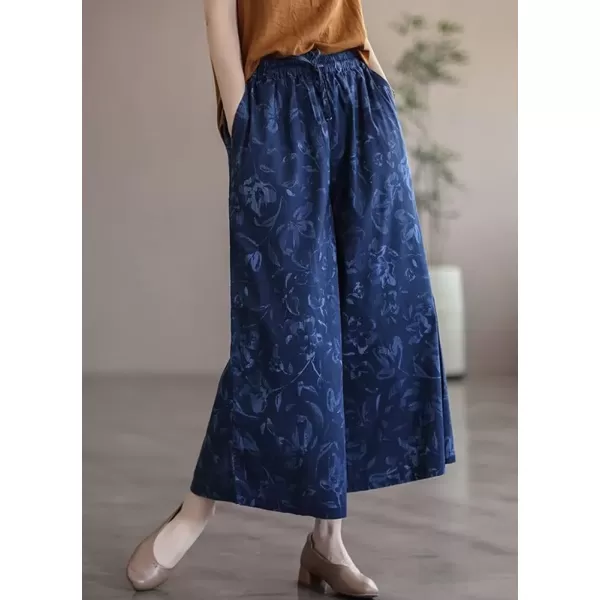 imagechouyatou Womens Retro Boho Floral High Waist Wide Leg Cotton Linen Capri Palazzo PantsBlue