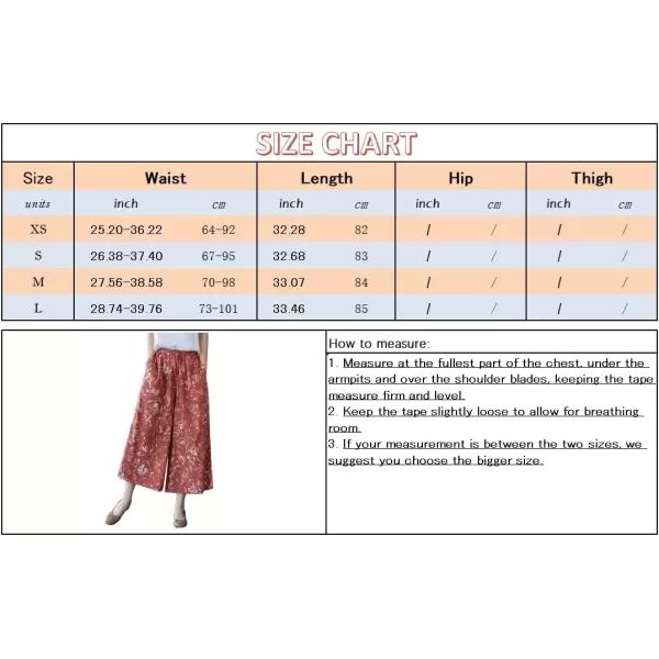 imagechouyatou Womens Retro Boho Floral High Waist Wide Leg Cotton Linen Capri Palazzo PantsRed