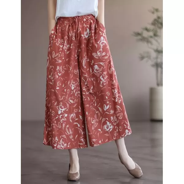 imagechouyatou Womens Retro Boho Floral High Waist Wide Leg Cotton Linen Capri Palazzo PantsRed