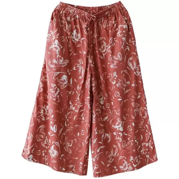 imagechouyatou Womens Retro Boho Floral High Waist Wide Leg Cotton Linen Capri Palazzo PantsRed