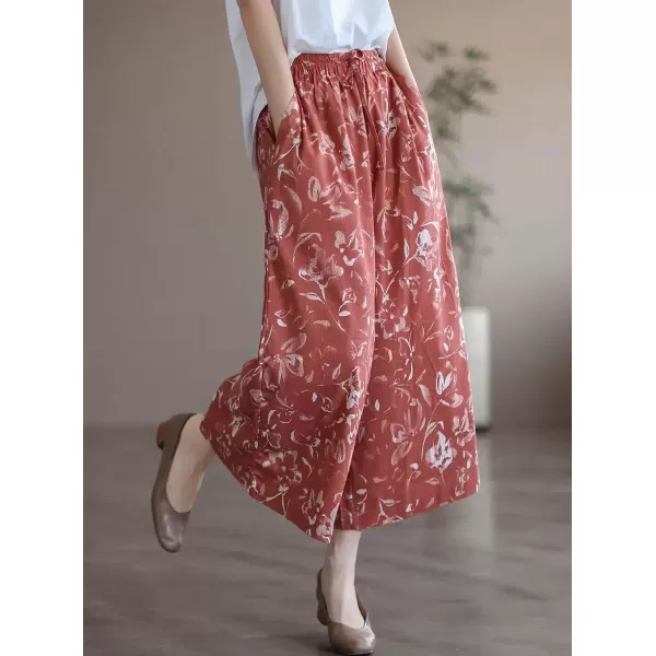 imagechouyatou Womens Retro Boho Floral High Waist Wide Leg Cotton Linen Capri Palazzo PantsRed