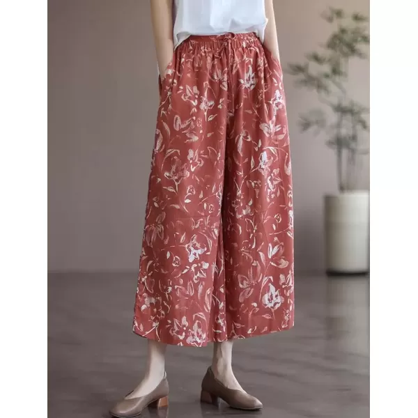 imagechouyatou Womens Retro Boho Floral High Waist Wide Leg Cotton Linen Capri Palazzo PantsRed