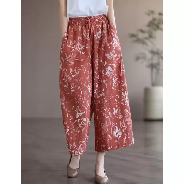 imagechouyatou Womens Retro Boho Floral High Waist Wide Leg Cotton Linen Capri Palazzo PantsRed
