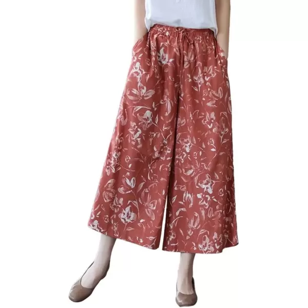 imagechouyatou Womens Retro Boho Floral High Waist Wide Leg Cotton Linen Capri Palazzo PantsRed