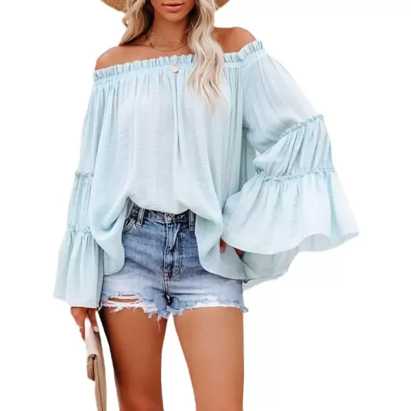 imagechouyatou Womens Sexy Boho Flowy Oversize Off Shoulder Long Bell Sleeve Blouse Shirt TopsLight Blue