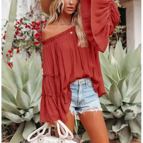 imagechouyatou Womens Sexy Boho Flowy Oversize Off Shoulder Long Bell Sleeve Blouse Shirt TopsOrange Red