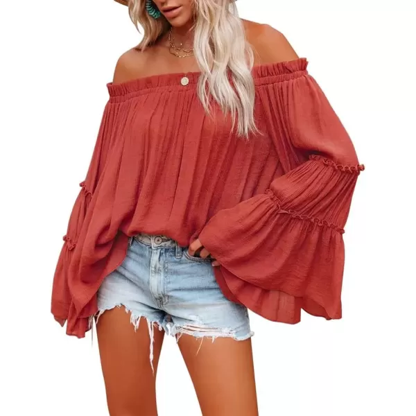 imagechouyatou Womens Sexy Boho Flowy Oversize Off Shoulder Long Bell Sleeve Blouse Shirt TopsOrange Red