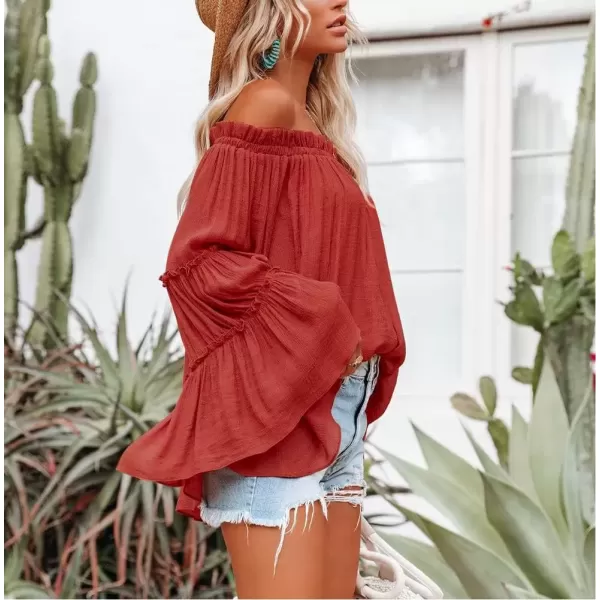 imagechouyatou Womens Sexy Boho Flowy Oversize Off Shoulder Long Bell Sleeve Blouse Shirt TopsOrange Red