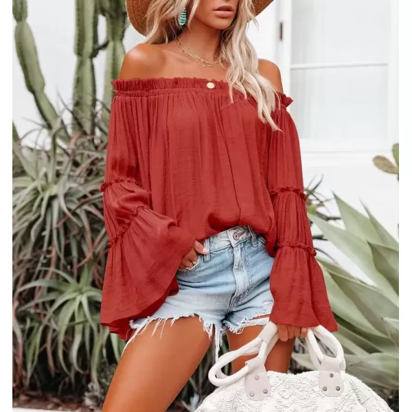 imagechouyatou Womens Sexy Boho Flowy Oversize Off Shoulder Long Bell Sleeve Blouse Shirt TopsOrange Red
