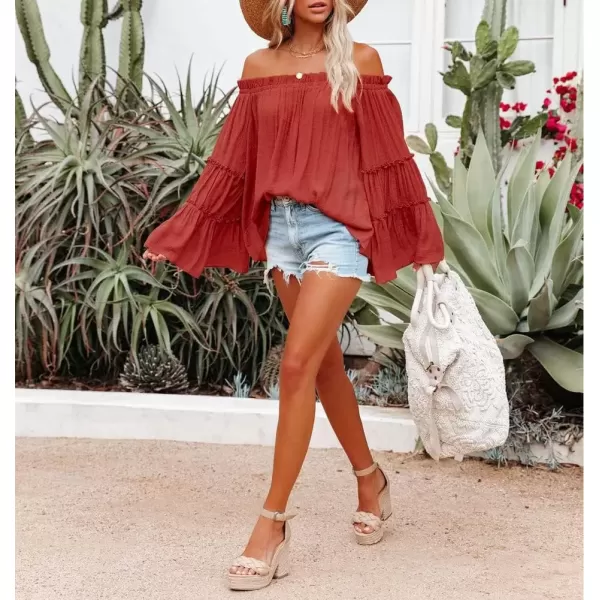 imagechouyatou Womens Sexy Boho Flowy Oversize Off Shoulder Long Bell Sleeve Blouse Shirt TopsOrange Red