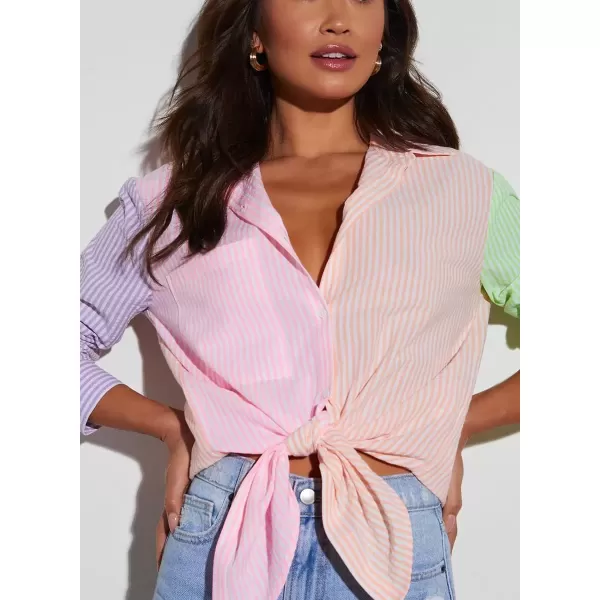 imagechouyatou Womens Spring Color Block Striped Button Down Dressy Casual Top Loose Fit Shirt BlousePink