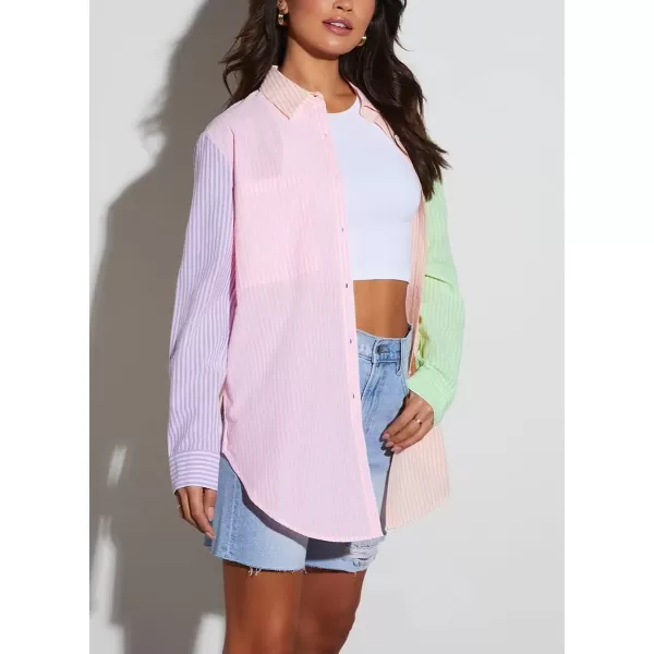 imagechouyatou Womens Spring Color Block Striped Button Down Dressy Casual Top Loose Fit Shirt BlousePink