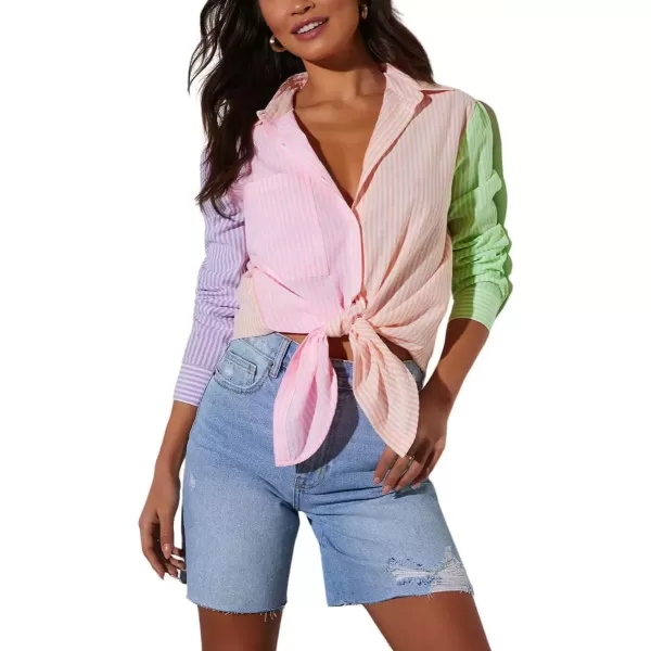 imagechouyatou Womens Spring Color Block Striped Button Down Dressy Casual Top Loose Fit Shirt BlousePink