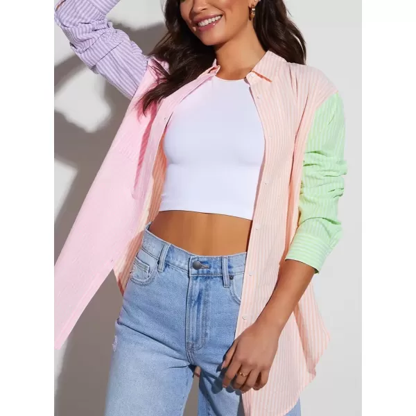 imagechouyatou Womens Spring Color Block Striped Button Down Dressy Casual Top Loose Fit Shirt BlousePink