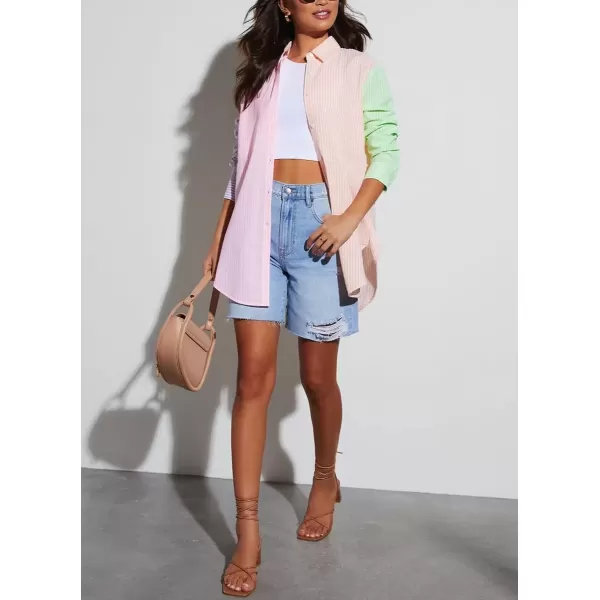 imagechouyatou Womens Spring Color Block Striped Button Down Dressy Casual Top Loose Fit Shirt BlousePink