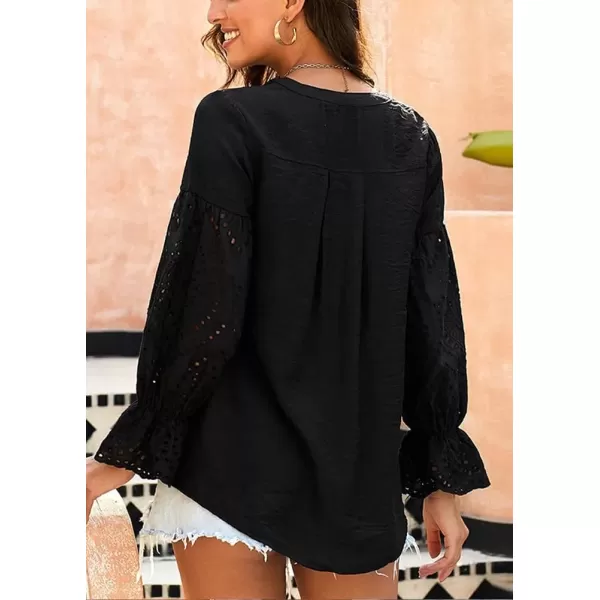 imagechouyatou Womens Summer Boho Crochet Shirts VNeck Button Down Lace Eyelet Blouse Tops ShirtBlack