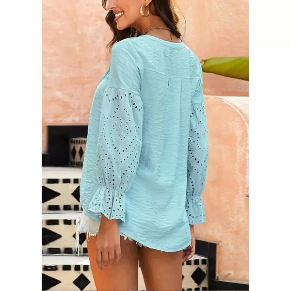 imagechouyatou Womens Summer Boho Crochet Shirts VNeck Button Down Lace Eyelet Blouse Tops ShirtLake Blue