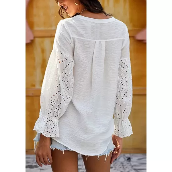 imagechouyatou Womens Summer Boho Crochet Shirts VNeck Button Down Lace Eyelet Blouse Tops ShirtWhite