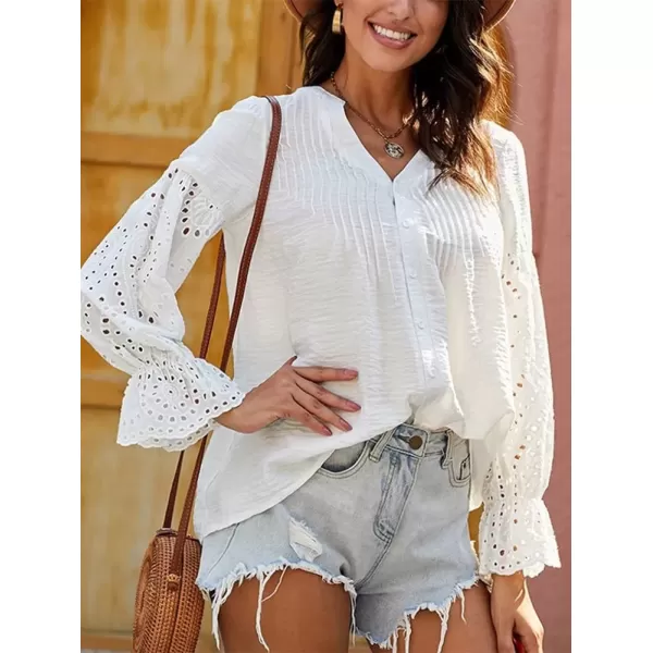 imagechouyatou Womens Summer Boho Crochet Shirts VNeck Button Down Lace Eyelet Blouse Tops ShirtWhite