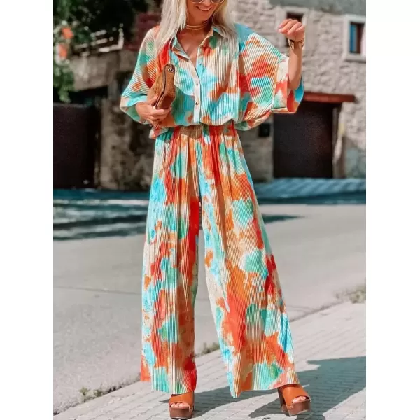 imagechouyatou Womens Summer Boho Tie Dye Baggy RollUp Sleeve Wide Leg Jumpsuit Pants RomperTiedye Orange