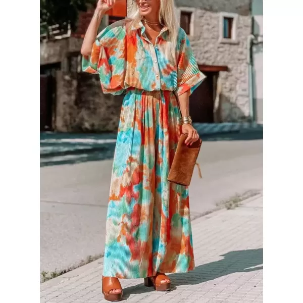 imagechouyatou Womens Summer Boho Tie Dye Baggy RollUp Sleeve Wide Leg Jumpsuit Pants RomperTiedye Orange
