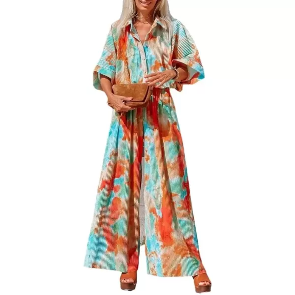 imagechouyatou Womens Summer Boho Tie Dye Baggy RollUp Sleeve Wide Leg Jumpsuit Pants RomperTiedye Orange