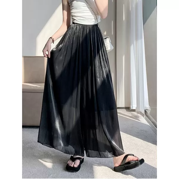 imagechouyatou Womens Summer Flowy Shiny Palazzo Wide Leg Pants Elastic Waist Pleated Beach Trousers CulottesBlack