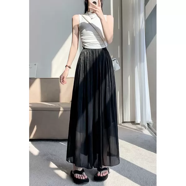 imagechouyatou Womens Summer Flowy Shiny Palazzo Wide Leg Pants Elastic Waist Pleated Beach Trousers CulottesBlack