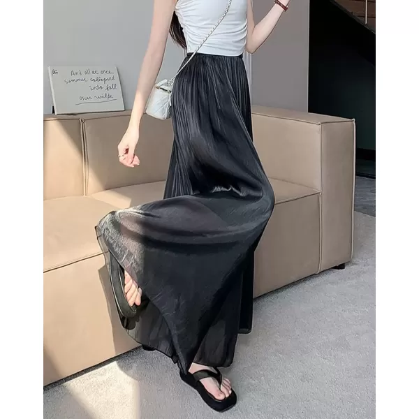 imagechouyatou Womens Summer Flowy Shiny Palazzo Wide Leg Pants Elastic Waist Pleated Beach Trousers CulottesBlack