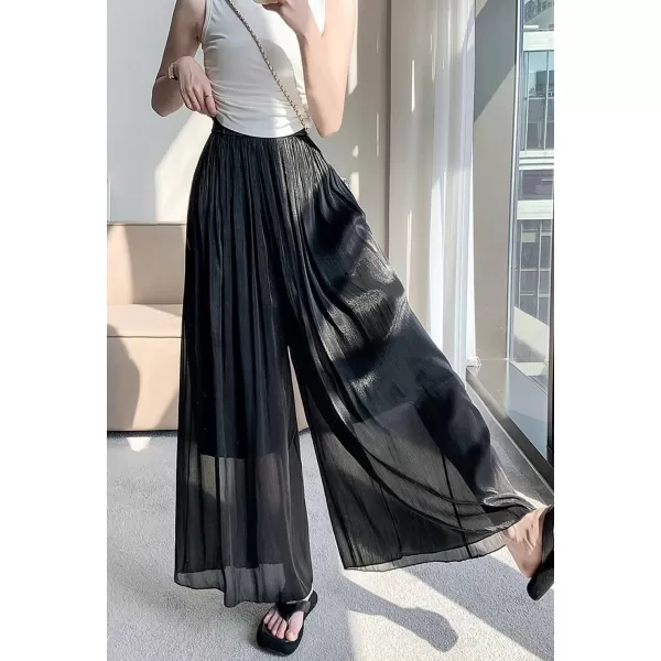 imagechouyatou Womens Summer Flowy Shiny Palazzo Wide Leg Pants Elastic Waist Pleated Beach Trousers CulottesBlack