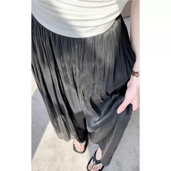 imagechouyatou Womens Summer Flowy Shiny Palazzo Wide Leg Pants Elastic Waist Pleated Beach Trousers CulottesBlack