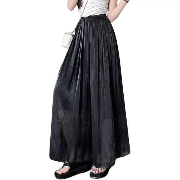 imagechouyatou Womens Summer Flowy Shiny Palazzo Wide Leg Pants Elastic Waist Pleated Beach Trousers CulottesBlack