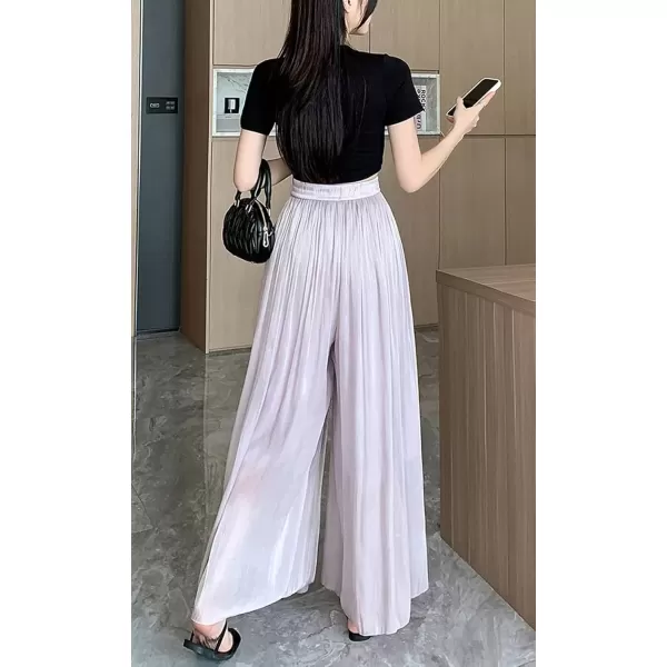 imagechouyatou Womens Summer Flowy Shiny Palazzo Wide Leg Pants Elastic Waist Pleated Beach Trousers CulottesLight Purple