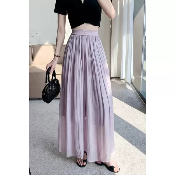 imagechouyatou Womens Summer Flowy Shiny Palazzo Wide Leg Pants Elastic Waist Pleated Beach Trousers CulottesLight Purple