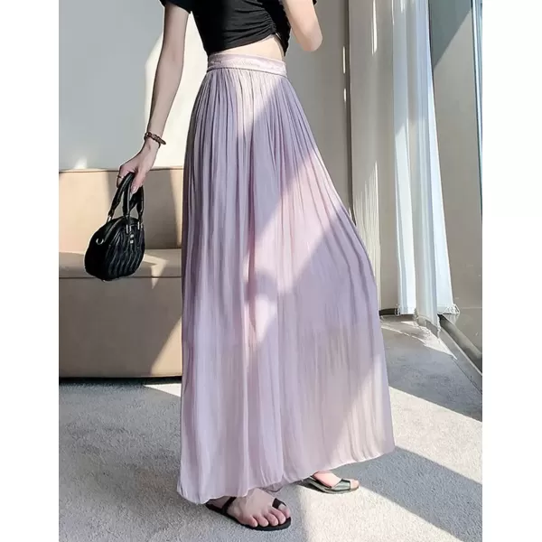 imagechouyatou Womens Summer Flowy Shiny Palazzo Wide Leg Pants Elastic Waist Pleated Beach Trousers CulottesLight Purple