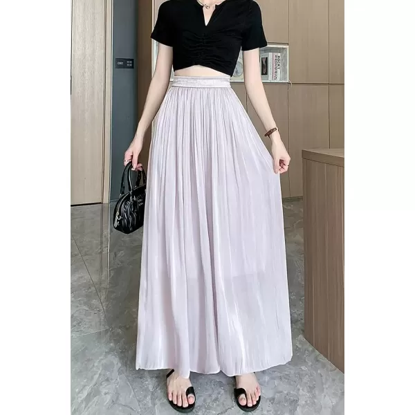 imagechouyatou Womens Summer Flowy Shiny Palazzo Wide Leg Pants Elastic Waist Pleated Beach Trousers CulottesLight Purple