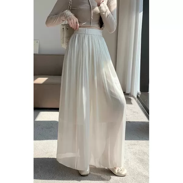 imagechouyatou Womens Summer Flowy Shiny Palazzo Wide Leg Pants Elastic Waist Pleated Beach Trousers CulottesOffwhite