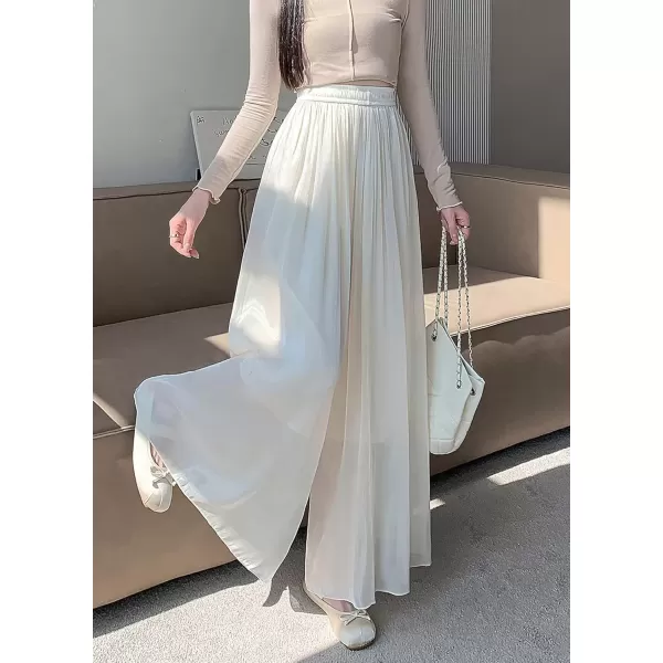 imagechouyatou Womens Summer Flowy Shiny Palazzo Wide Leg Pants Elastic Waist Pleated Beach Trousers CulottesOffwhite