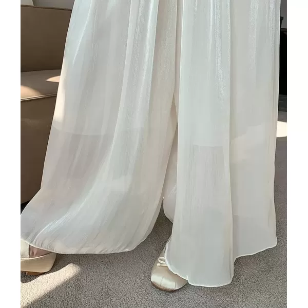 imagechouyatou Womens Summer Flowy Shiny Palazzo Wide Leg Pants Elastic Waist Pleated Beach Trousers CulottesOffwhite