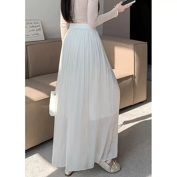 imagechouyatou Womens Summer Flowy Shiny Palazzo Wide Leg Pants Elastic Waist Pleated Beach Trousers CulottesOffwhite