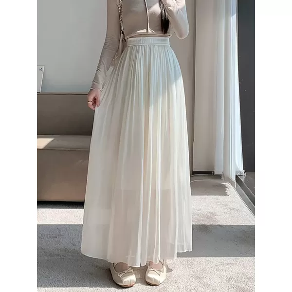 imagechouyatou Womens Summer Flowy Shiny Palazzo Wide Leg Pants Elastic Waist Pleated Beach Trousers CulottesOffwhite