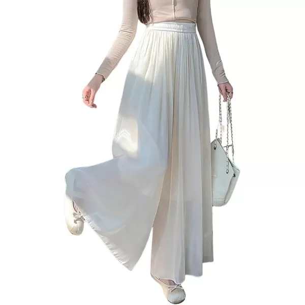 imagechouyatou Womens Summer Flowy Shiny Palazzo Wide Leg Pants Elastic Waist Pleated Beach Trousers CulottesOffwhite