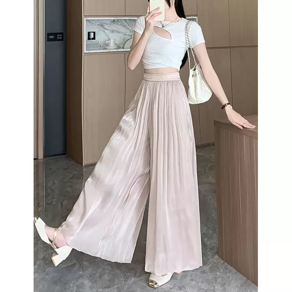 imagechouyatou Womens Summer Flowy Shiny Palazzo Wide Leg Pants Elastic Waist Pleated Beach Trousers CulottesPink