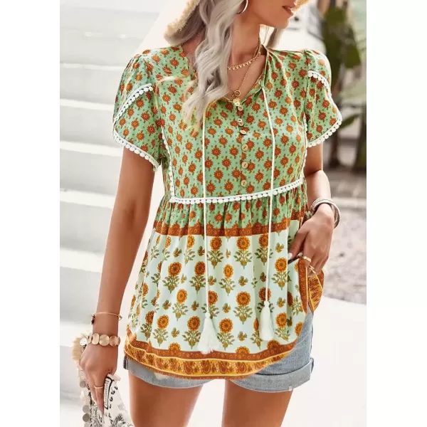 imagechouyatou Womens Summer Petal Sleeve Floral Print Boho Babydoll Blouse Shirt TopsGreen